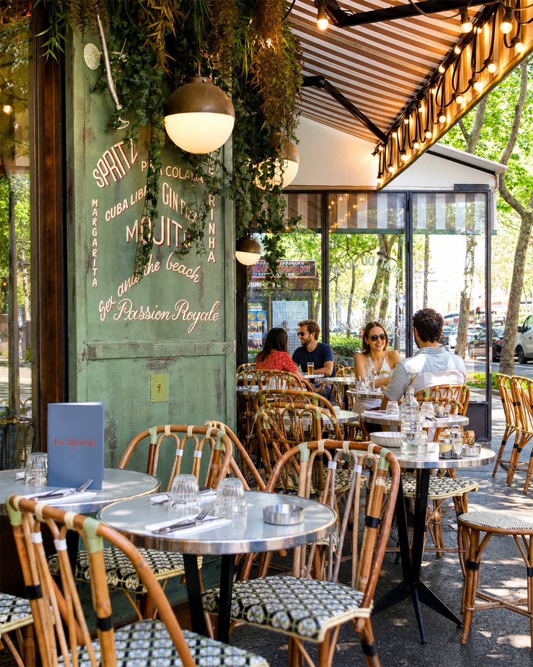 Terrasse des Affranchis avec ses chaises de brasserie et son panneau vert